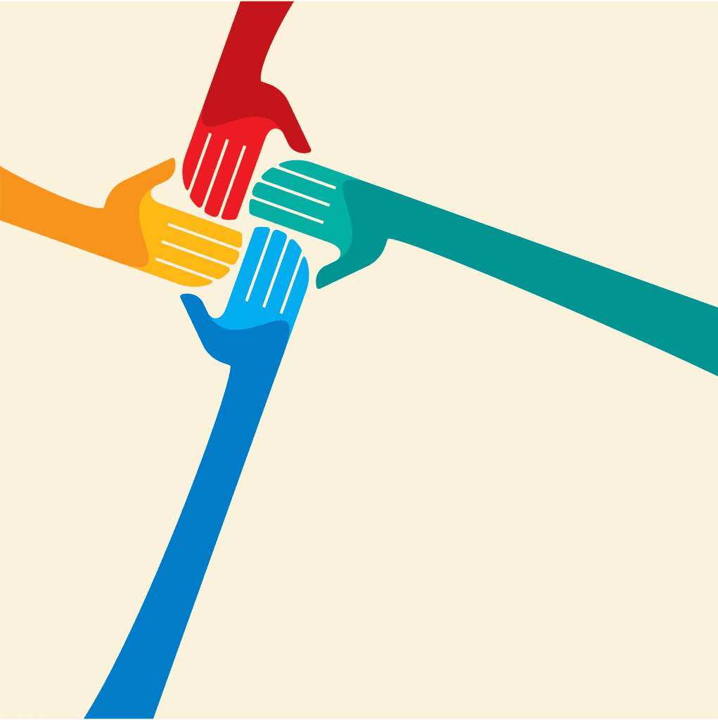 Graphic illustration of hands together symbolizing teamwork during logo design